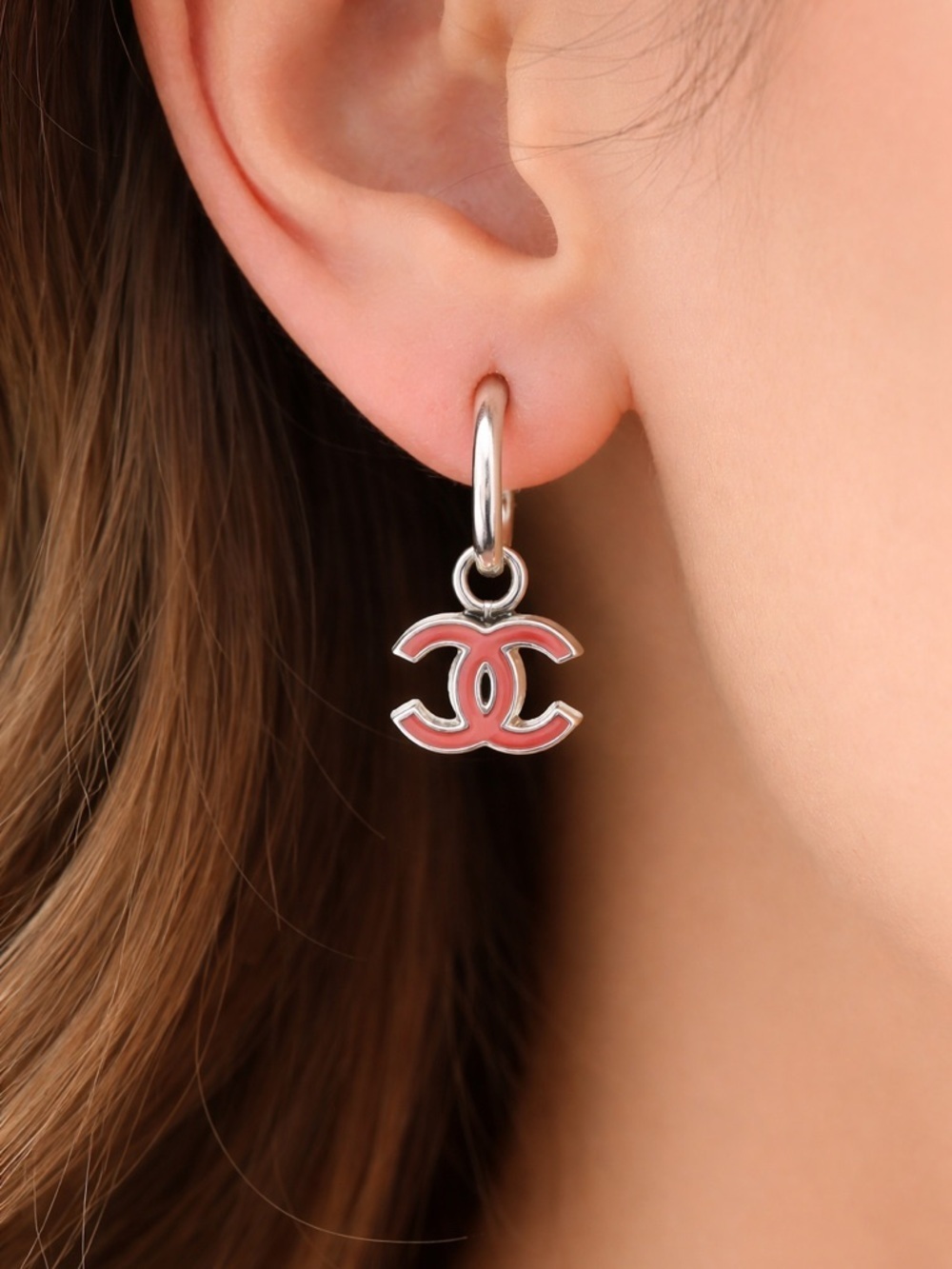 CHANEL Silver and Red CC Hoop Pierced Earrings